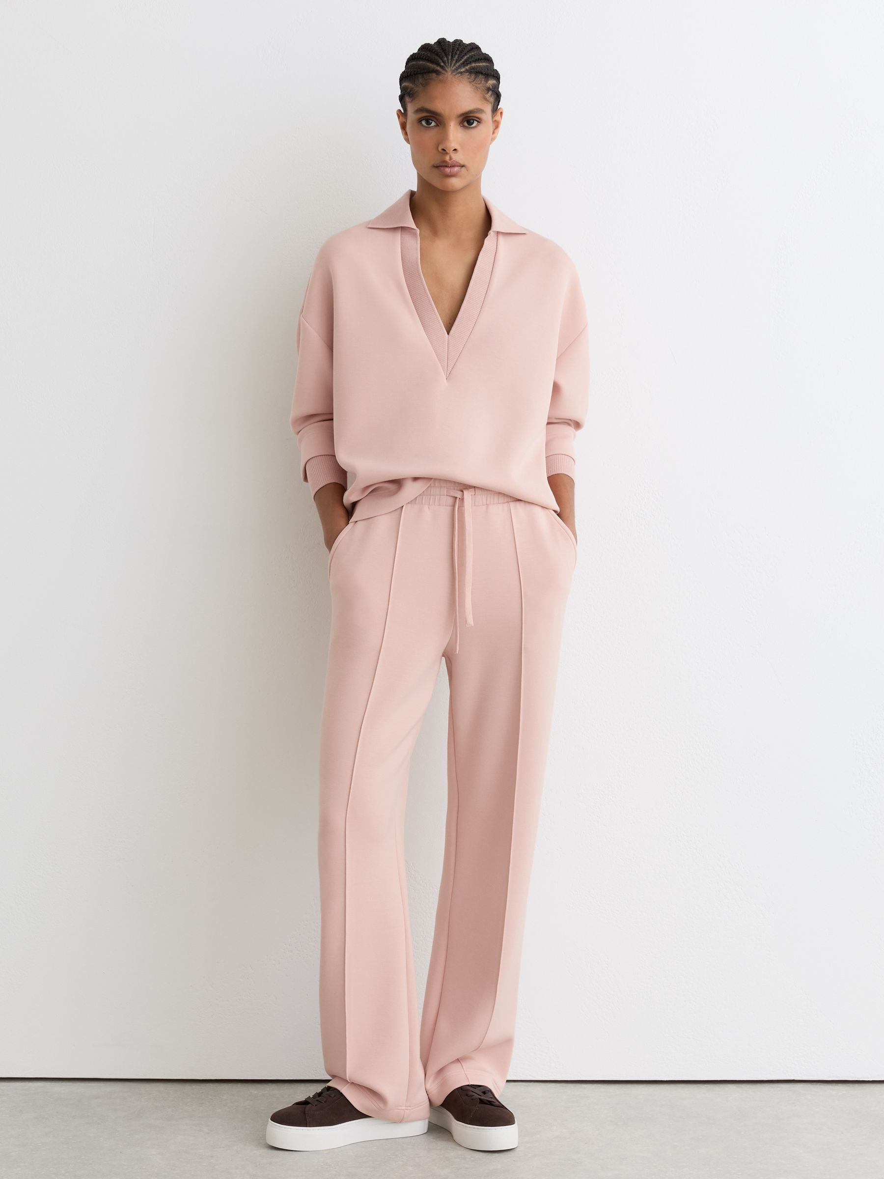 Reiss Premium Interlock Open-Collar Sweatshirt in Pink - REISS | Reiss UK