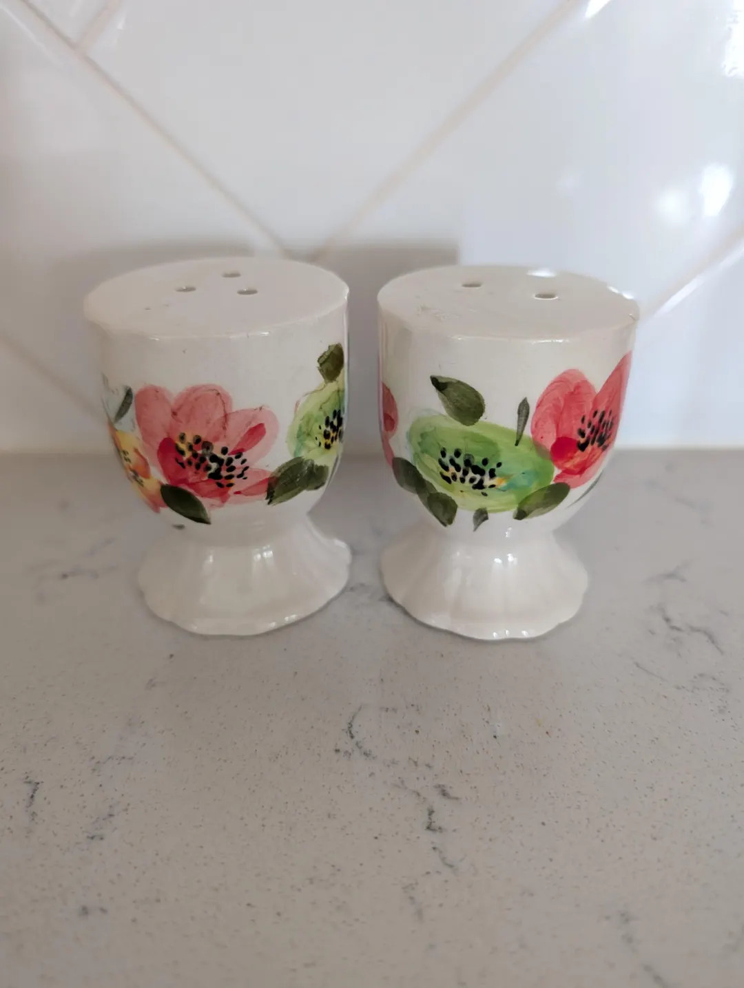 Ceramic salt and pepper shakers...white with pink flowers ...greenery | Etsy (US)