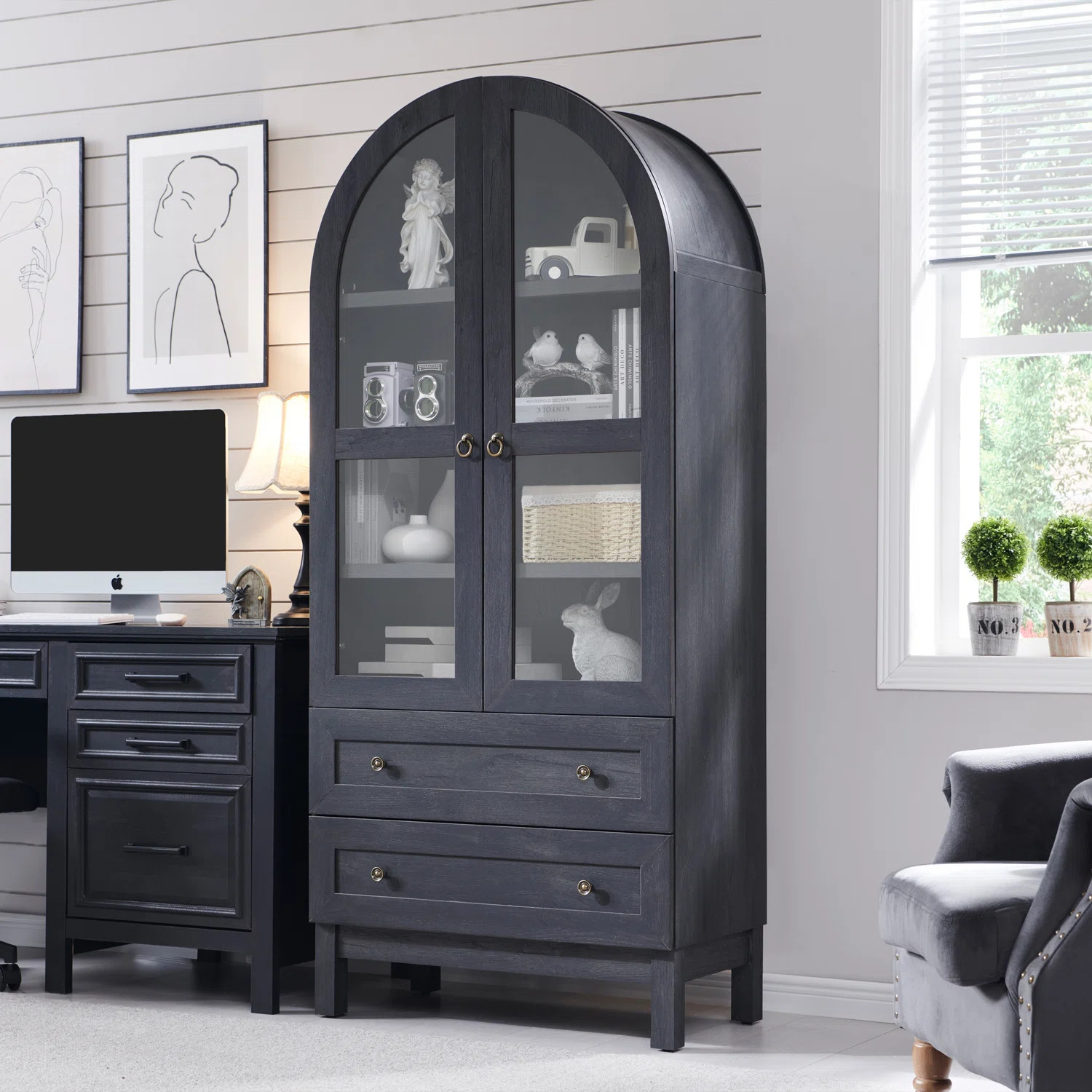 71" Tall Arched Bookshelf, 4-Tier Bookcase with Glass Doors and Shelves, Wooden Display Cabinet w... | Wayfair North America