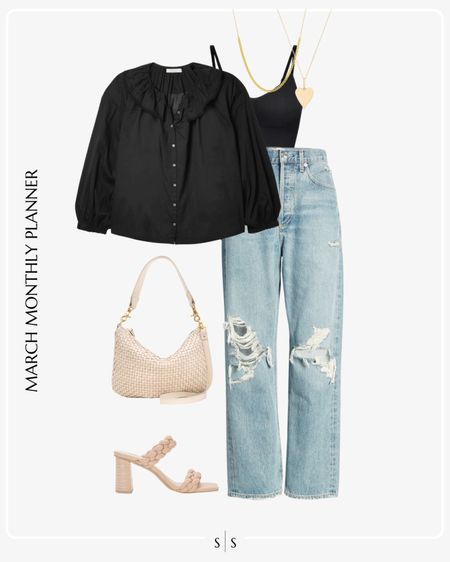 Monthly outfit planner: MARCH: Winter to Spring transitional looks | distressed 90s straight jeans, black blouse, woven handbag, woven heeled sandals, bodysuit 

Date night outfit, Happy Hour 

See the entire calendar on thesarahstories.com ✨ 


#LTKstyletip