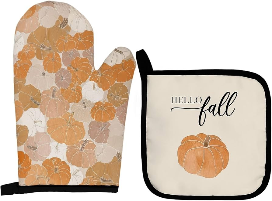 Hello Fall Boho Pumpkin Oven Mitts and Pot Holders Sets | Amazon (US)