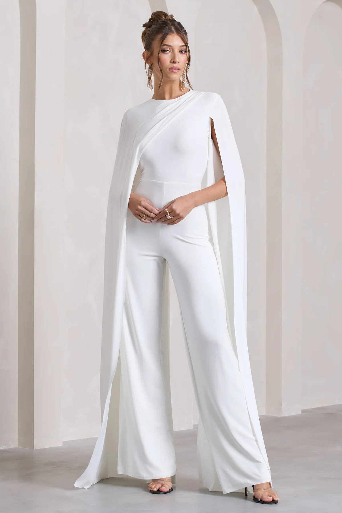 Harley | White Straight-Leg Jumpsuit With Cape Sleeves | Club L London