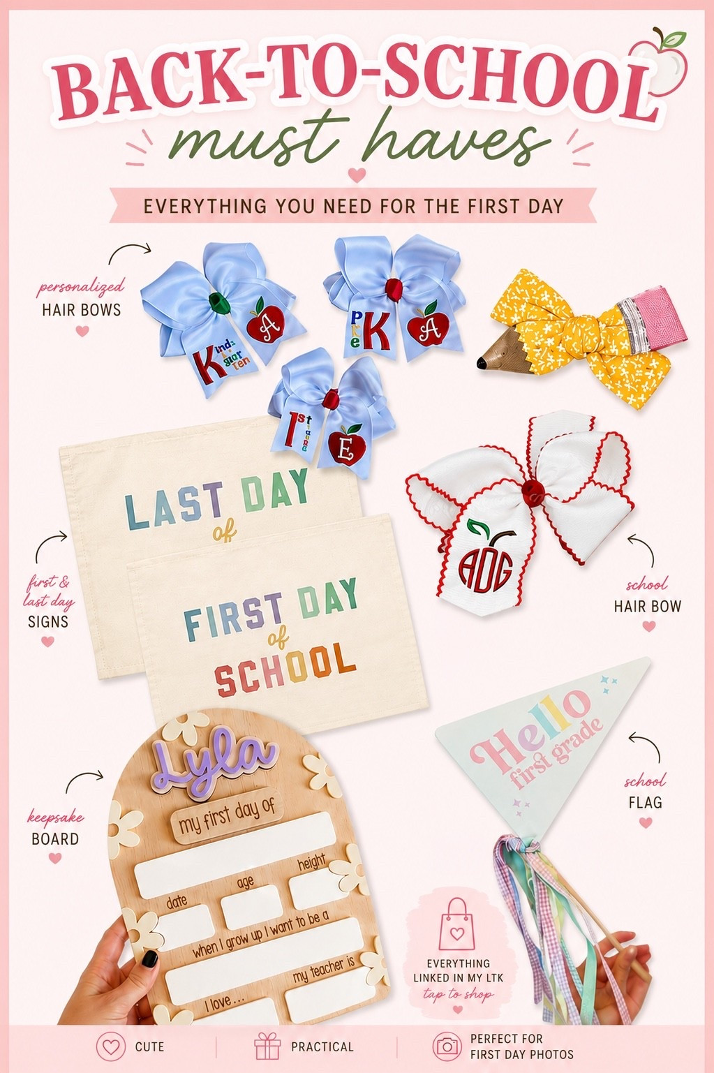 🎒 Back-to-school shopping starts here! If you’re looking for the cutest back-to-school finds for girls, I’ve rounded up everything you need to make the first day extra special. From personalized hair bows and a sweet school flag to first and last day of school signs and a keepsake board you’ll treasure for years, these are the items I’m loving this school season.

Whether you’re getting ready for preschool, kindergarten, elementary school, or first grade, these back-to-school essentials are perfect for first-day photos, classroom celebrations, and creating memories you’ll look back on forever. These are adorable, practical finds that make the first day feel even more special.

#LTKKids #LTKSeasonal #LTKU