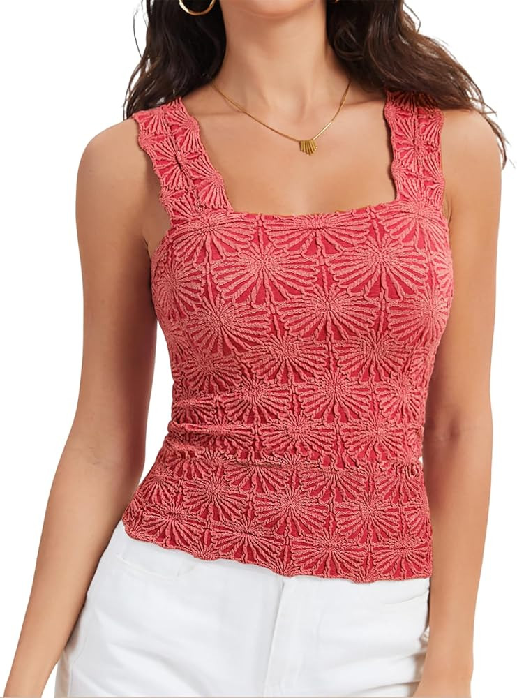 Women's Square Neck Wide Strap Crop Tank Tops Slim Fit Sleeveless Going Out Top Flower Lettuce Tr... | Amazon (US)