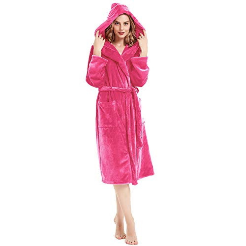 HOLOVE Women Hooded Fleece Robes Warm Plush Terry Cloth Bathrobe Spa Nightwear(Fuscia, S/M) | Amazon (US)