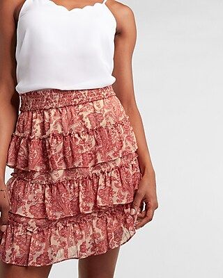 High Waisted Paisley Smocked Ruffle Mini Skirt | Express