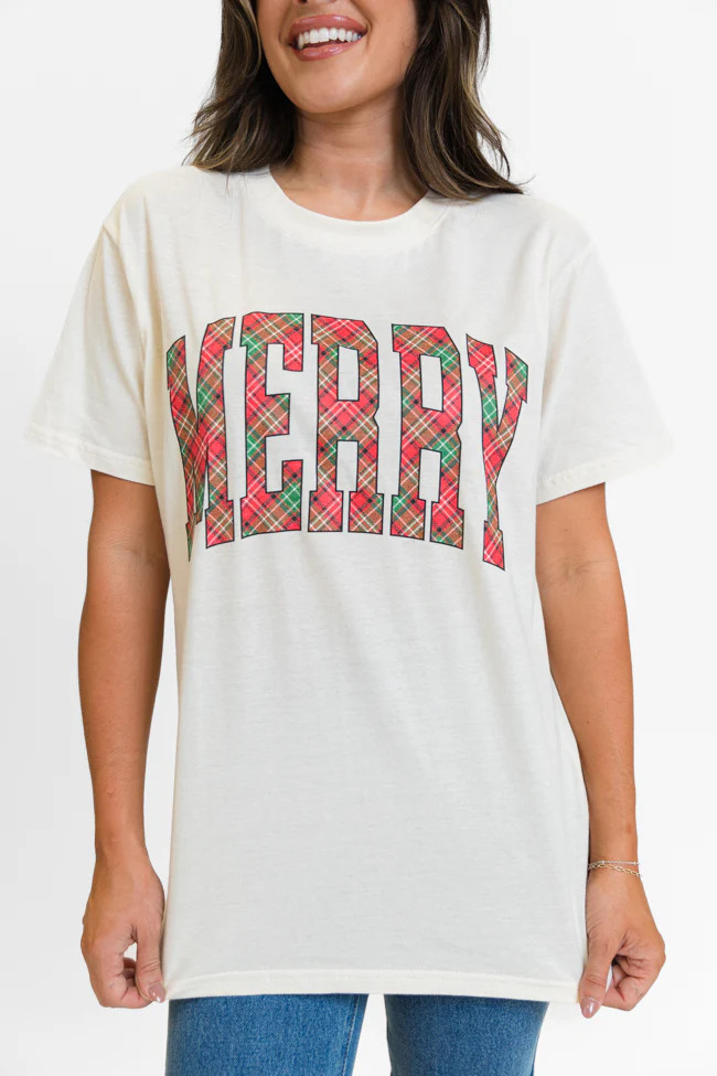 Merry Plaid Cream Oversized Graphic Tee | Pink Lily