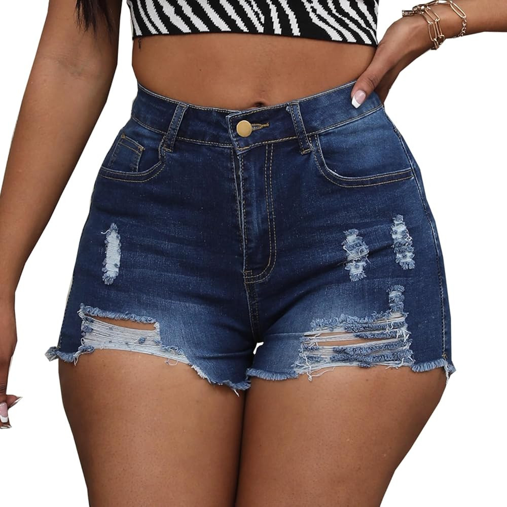 Women's Hole Denim Jeans Ripped Stretchy Denim Shorts Frayed Raw Hem Shorts Jeans | Amazon (US)