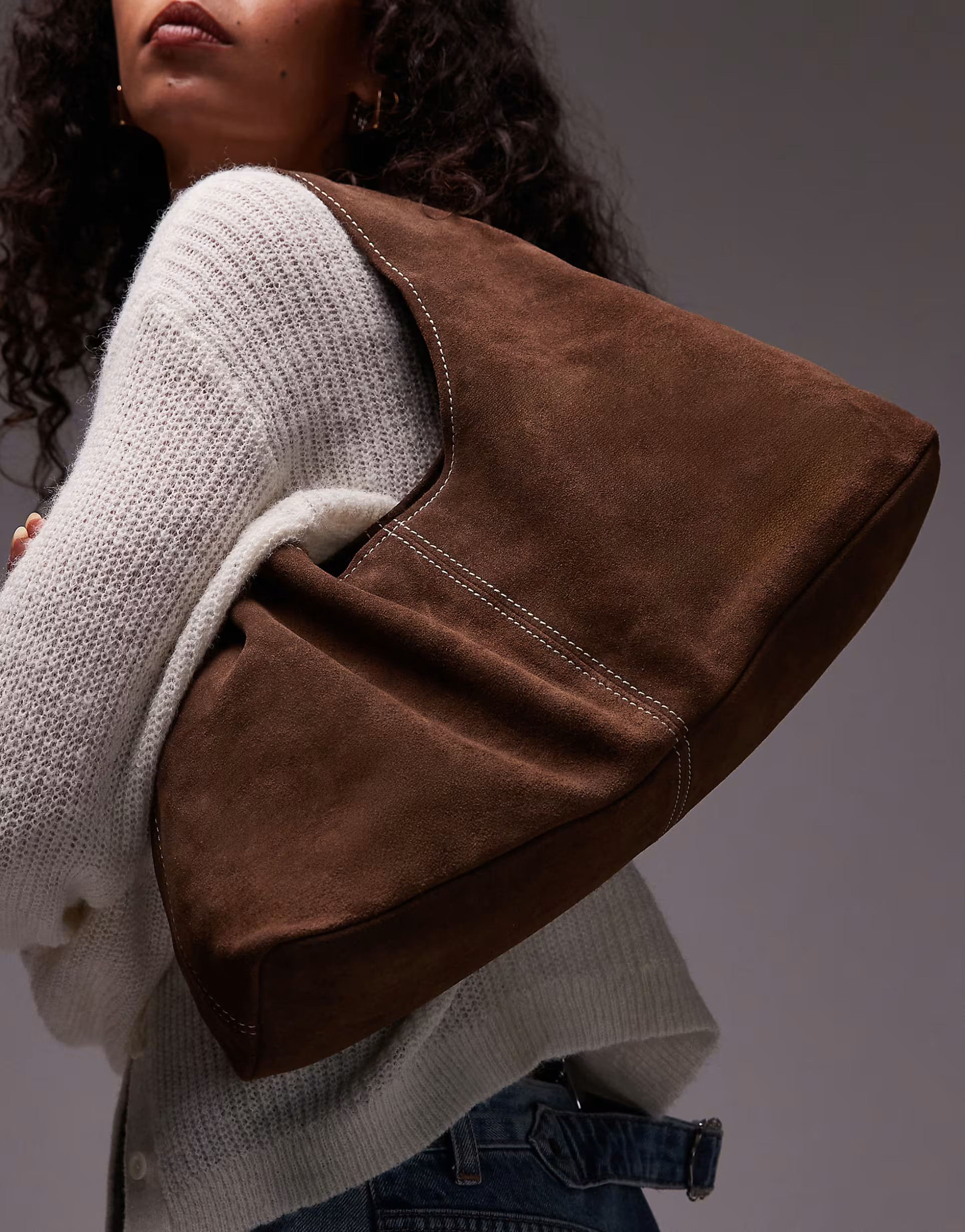 ASOS DESIGN suede mid size trapeze slouch shoulder bag in mocha brown | ASOS | ASOS (Global)