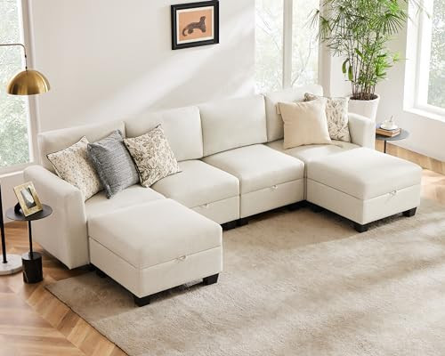 ABCASA Heavy Duty Modular Sectional Sofa with Storage, 118"" U Shaped Sectional Couches for Living Room, Comfy Convertible Sectional Sofa with Chaise - Beige, Beige(imitation Linen) | Amazon (US)