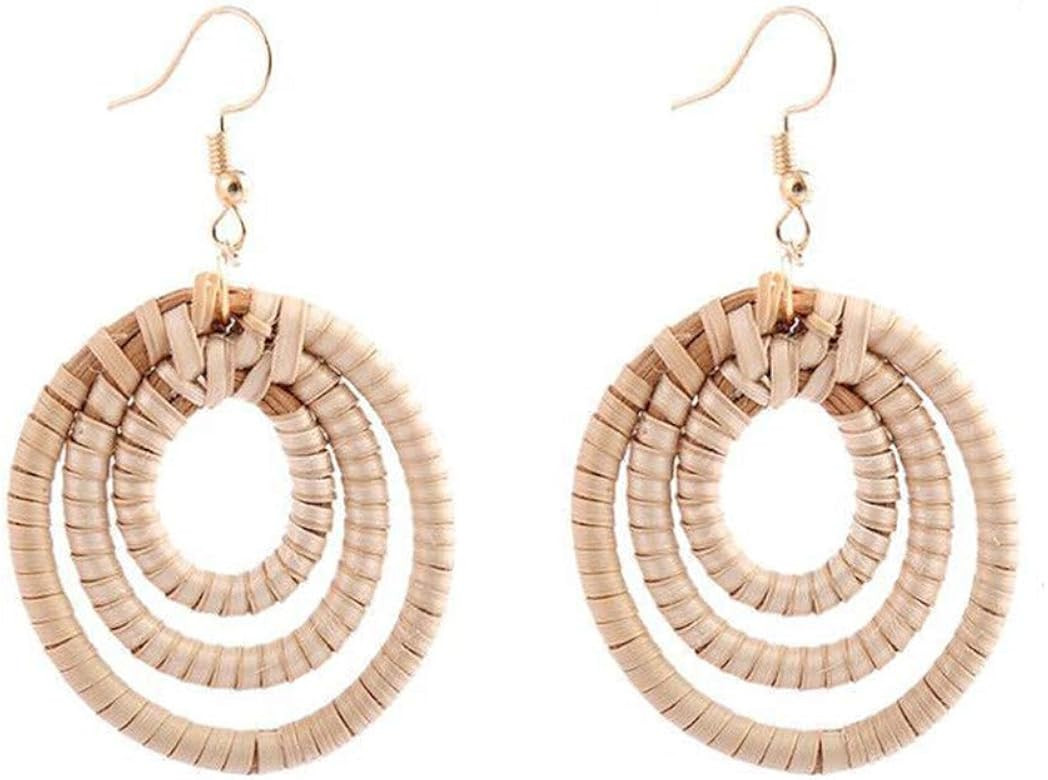 Tiande Statement Big Wicker Rattan Drop Earring for Women - Boho Straw Wicker Drop Dangle - Handmade | Amazon (US)