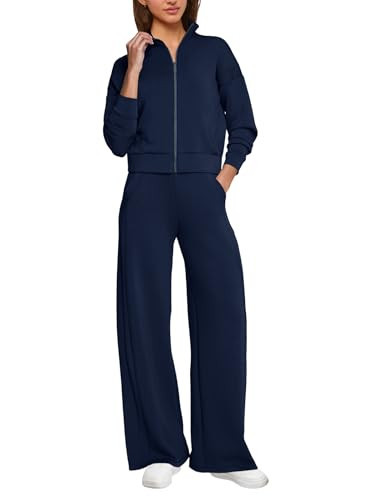 SENSERISE Sweatsuits Women 2 Piece Outfit Zip Up Cropped Sweatshirt Wide Leg Sweatpants 2025 Fall Outfits(Navy Blue,S) | Amazon (US)