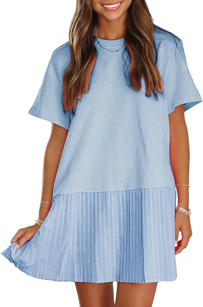EXLURA Womens Summer Casual Short Sleeve Dress Crewneck Tshirt Dresses Pleated Aline Mini Dress 2... | Amazon (US)