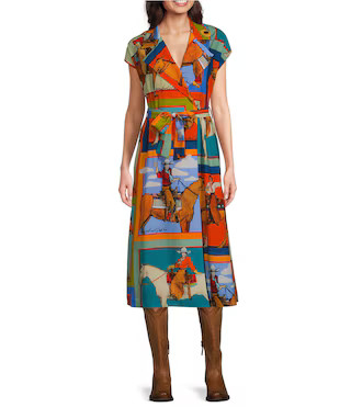 Double D Ranch Women Of The Range Western Printed V-Neck Short Sleeve Wrap Midi Dress | Dillard's | Dillard's