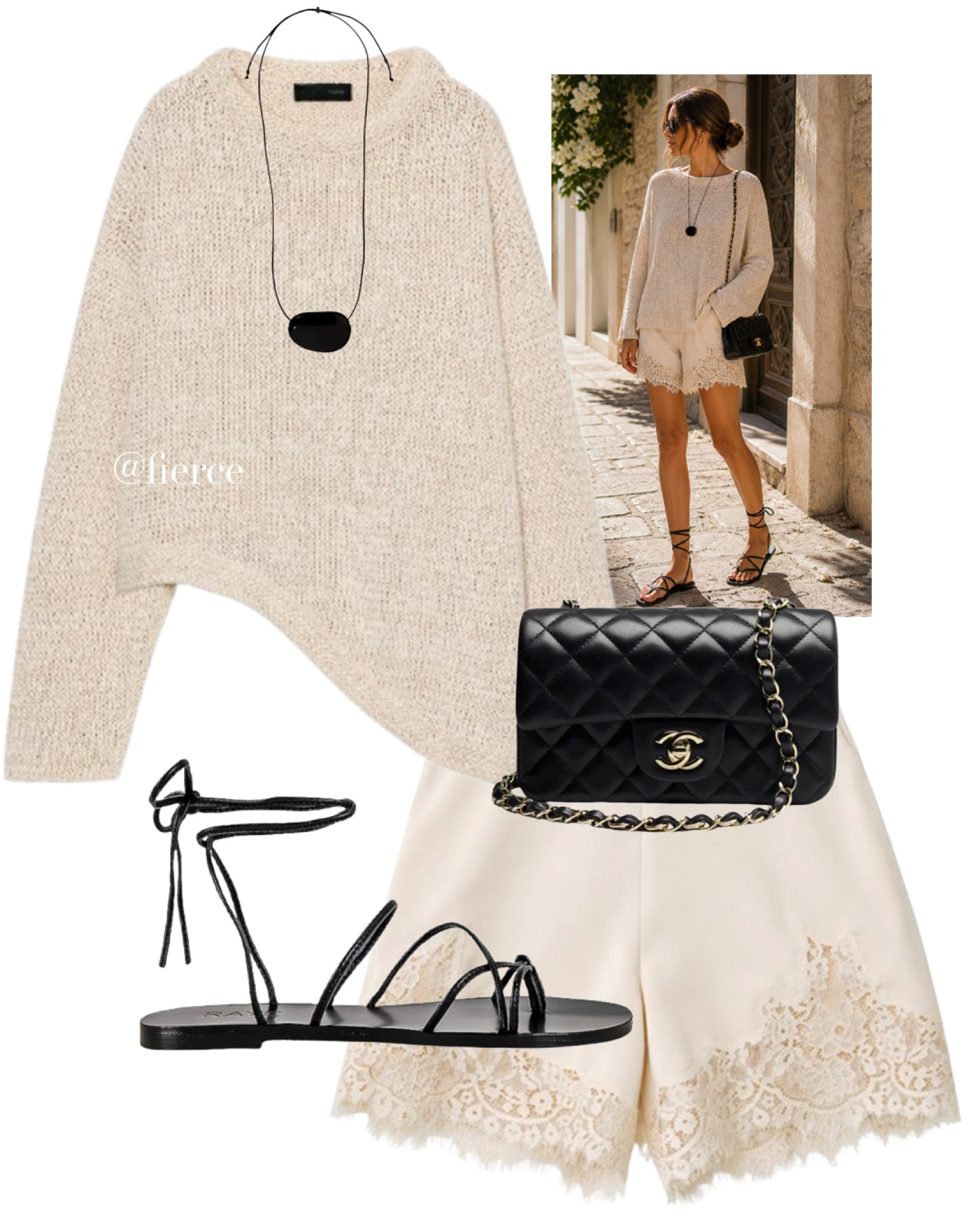 Cream lace shorts cream asymmetric loose jumper black tie up sandals black Chanel flap bag  chic outfit 

#LTKuk #LTKsummer #LTKspring