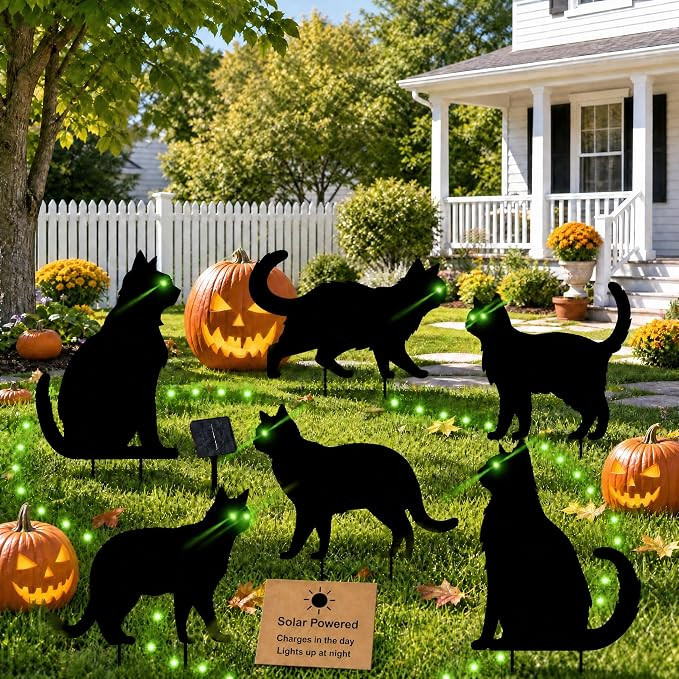 6 Pack Halloween Black Cat Yard Signs, Solar Powered LED Green Eyes | Amazon (US)