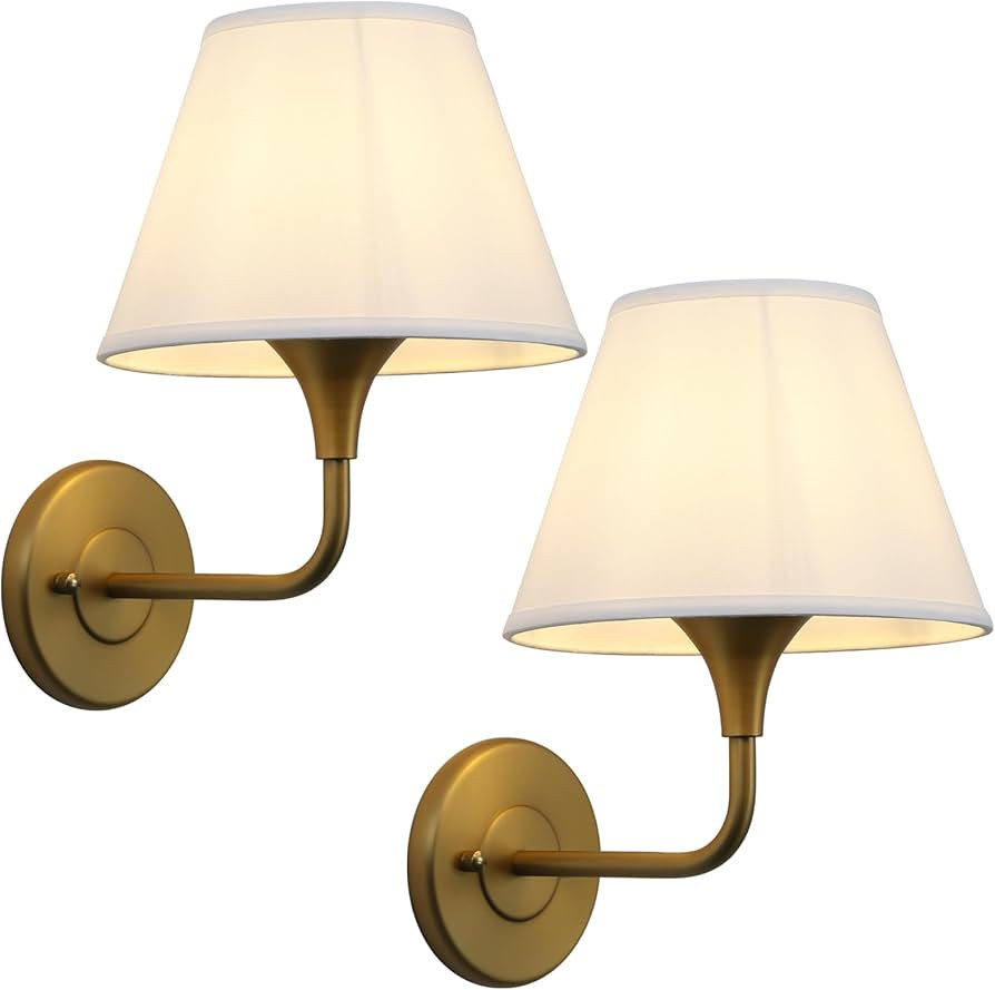 PERMO Wall Sconces Set of 2 Traditional Gold Sconce with 6.3" High Linen Lampshade Hardwired Set ... | Amazon (US)