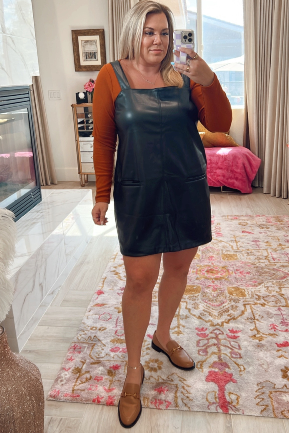 curvy fall outfit! wearing size xl in burnt orange bodysuit and size xl in faux leather dress 

#LTKunder100 #LTKcurves #LTKSeasonal
