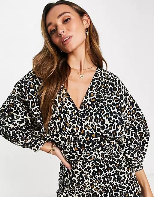 ASOS DESIGN belted twill wrap front mini dress with batwing sleeves in animal print | ASOS (Global)