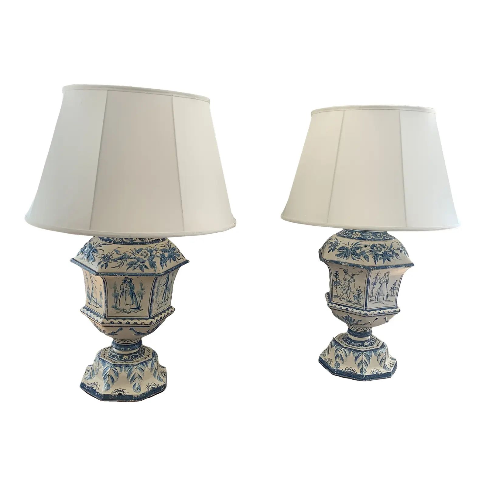 Antique Handpainted Blue and White Delft Style Tole Lamps With Shades- a Pair | Chairish