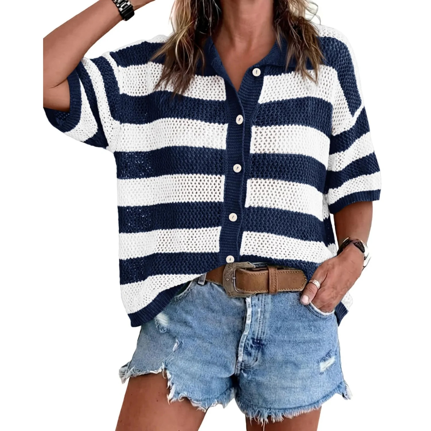 Women Summer Striped Crochet Cardigan Sweater Half Sleeve Button Up Top - Walmart.com | Walmart (US)