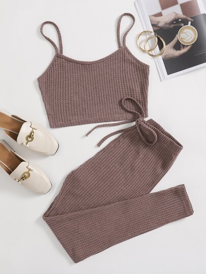 SHEIN Waffle Knit Cami Top & Drawstring Legging Set | SHEIN