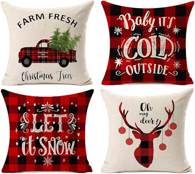 Kithomer Set of 4 Christmas Decorations Pillow Covers Christmas Buffalo Plaid Farmhouse Decor Thr... | Amazon (US)