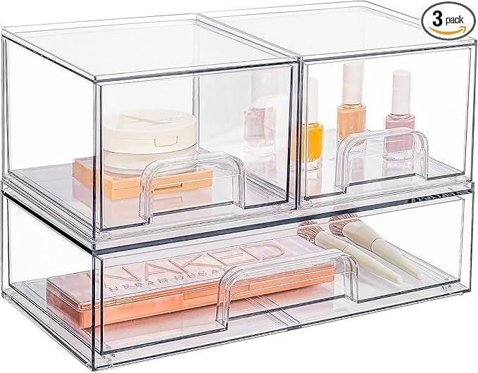 Vtopmart Stackable Storage Drawers Set of 3, 12" Wide and 4.4'' Tall Clear Plastic Organizer Bins... | Amazon (US)
