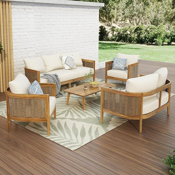 Merax 5-Piece Outdoor Acacia Wood Wicker Conversation Set with 3 Seater Sofa,Loveseat,2 Chairs an... | Amazon (US)