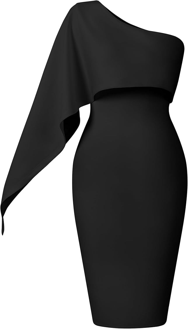 Memoriesea Women's Elegant One Shoulder Ruffle Bodycon Cocktail Party Midi Dress | Amazon (US)