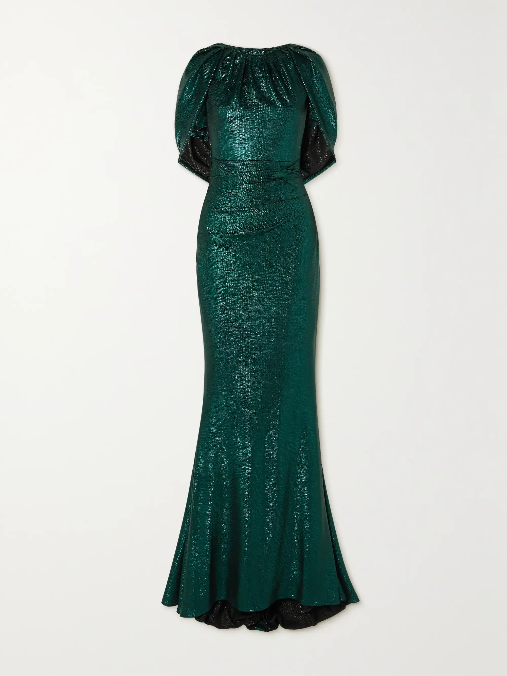 TALBOT RUNHOFCape-effect gathered metallic stretch-jersey gown | NET-A-PORTER (US)