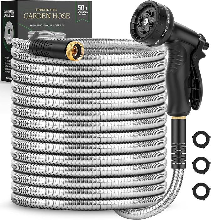 Garden Hose 50 FT, Metal Stainless Steel Water Hose with 10 Function Nozzles, No Kinks, Flexible ... | Amazon (US)