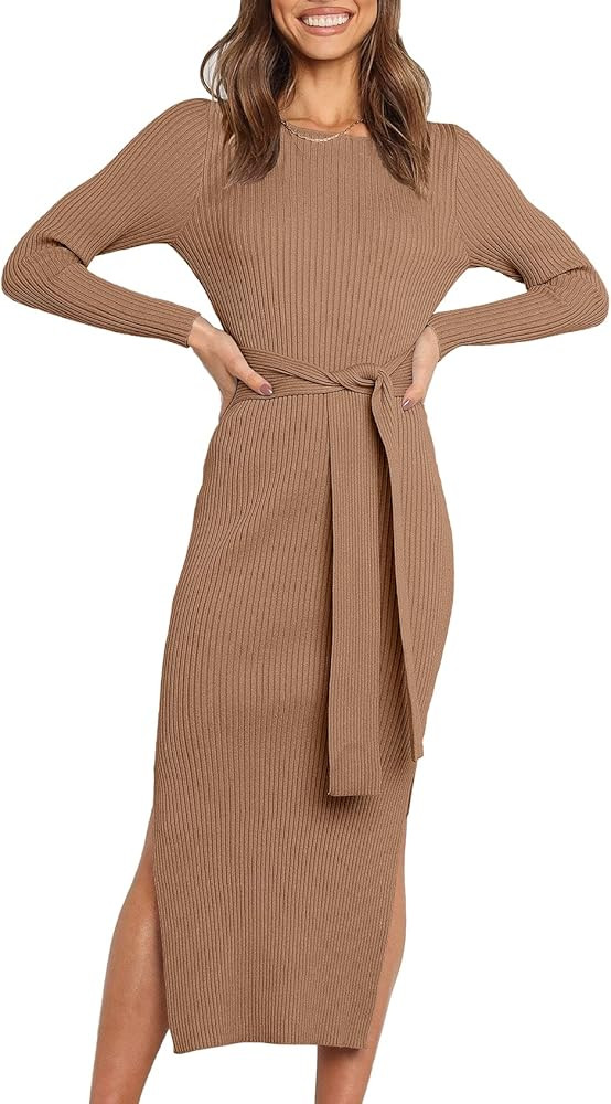 Caracilia Women's Crew Neck Long Sleeve Midi Sweater Dress Elegant Side Slit Bodycon Dress with B... | Amazon (US)