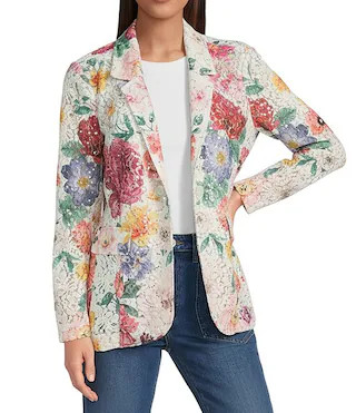 Floral Printed Lace Sequin Detail Point Collar Long Sleeve Button Front Jacket | Dillard's