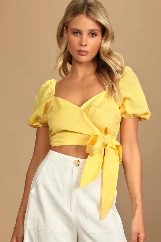 Hopeful Honey Yellow Side-Tie Puff Sleeve Crop Top | Lulus (US)