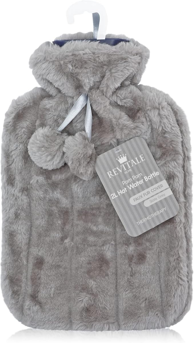 Revitale Luxury Cosy Faux Fur Pom Pom Hot Water Bottle - 2 Litre (Slate Grey) | Amazon (UK)