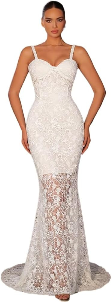 meilun Lace Mesh Maxi Dresses Wedding Bridesmaid Homecoming Party Banquet Gowns | Amazon (US)