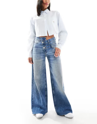 Pull&Bear wide leg crossed waistband jean in medium blue | ASOS (Global)
