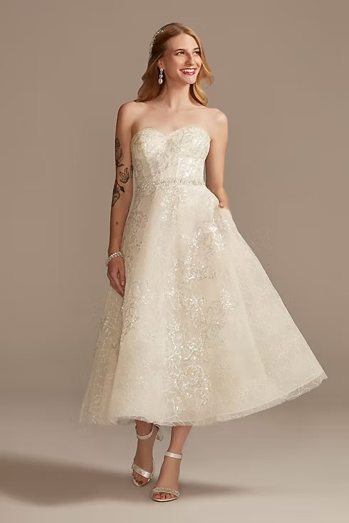 Floral Glitter Tulle Tea-Length Wedding Dress | Davids Bridal