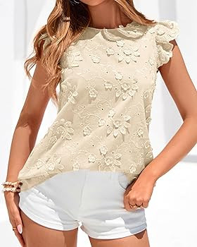 KIRUNDO Blouses for Women Dressy Casual Lace Ruffle Cap Sleeve Tops 2026 Summer Eyelet Floral Emb... | Amazon (US)