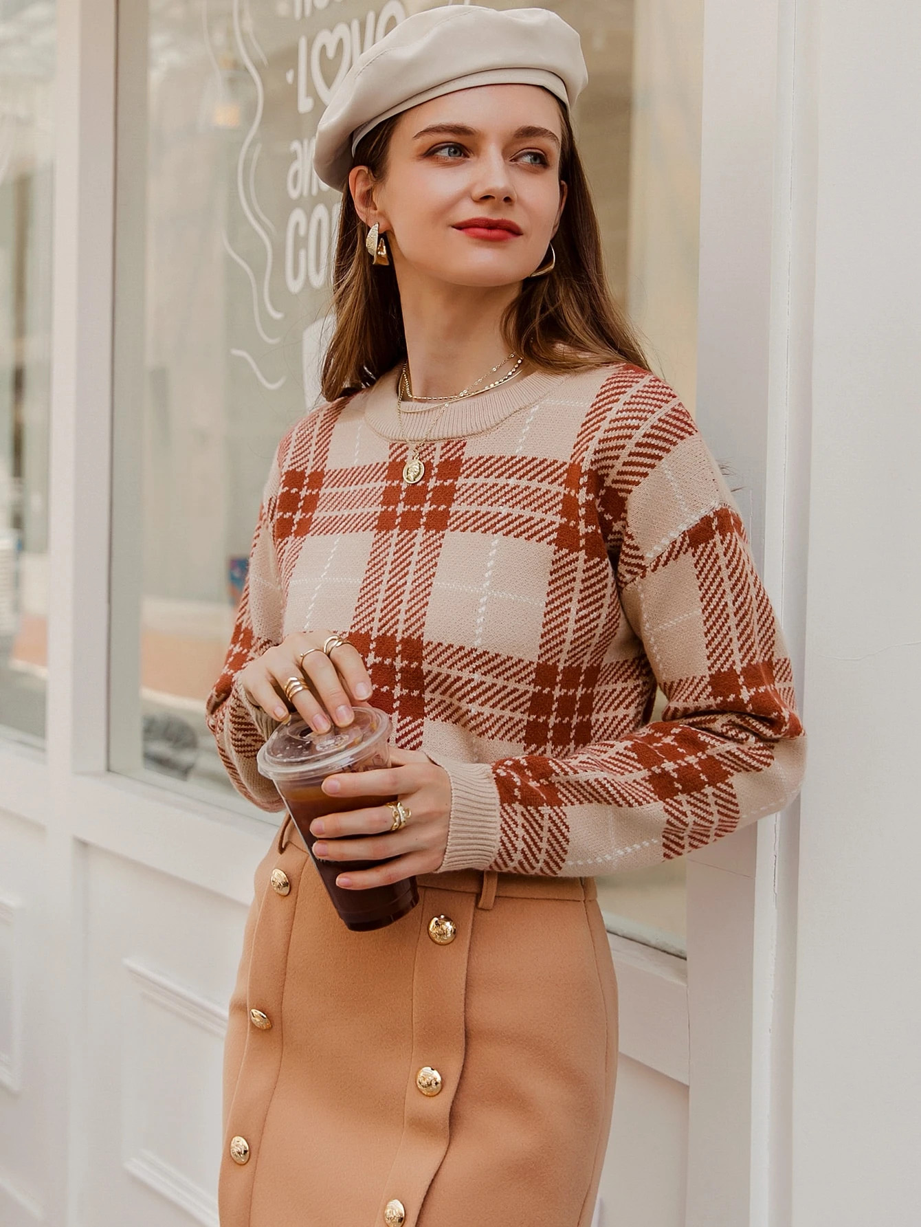 Simplee Drop Shoulder Plaid Sweater | SHEIN