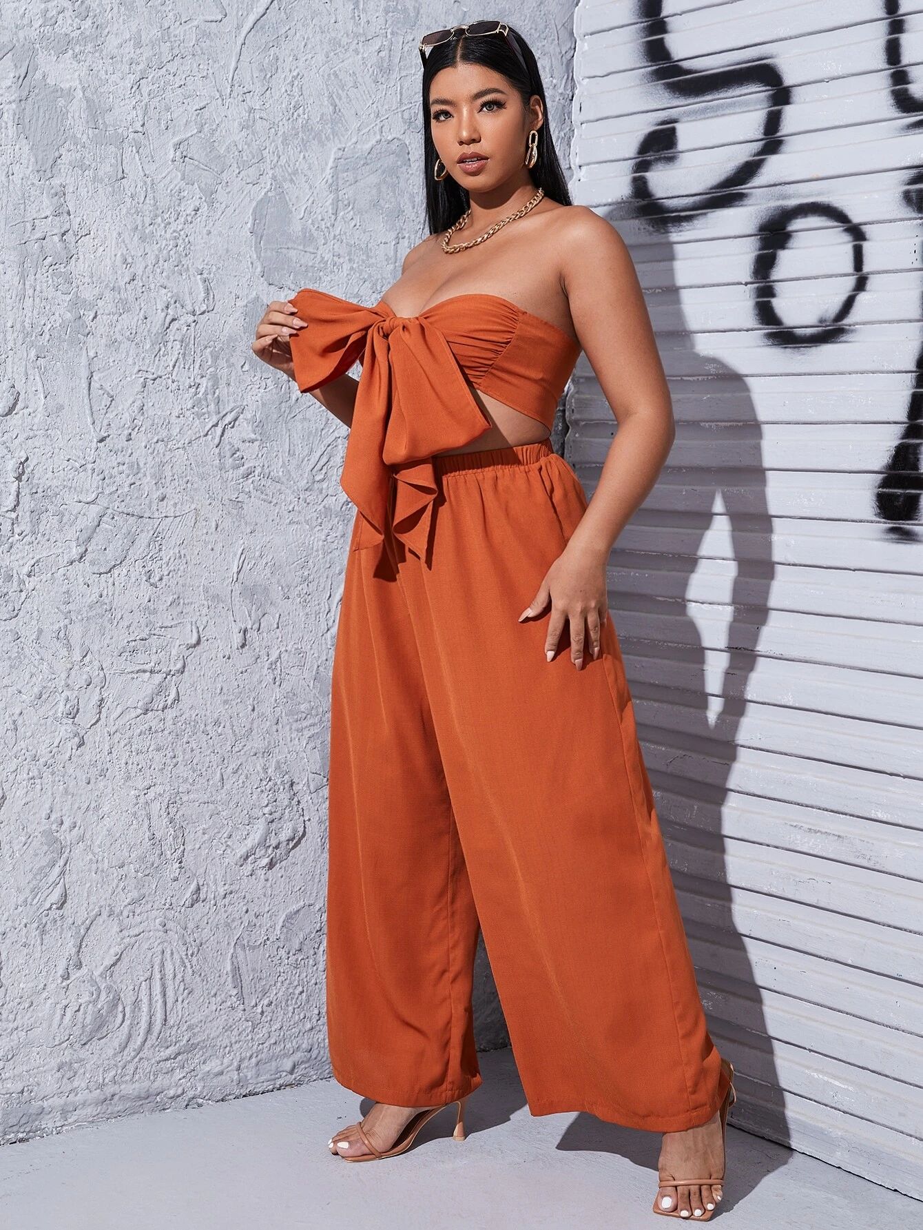 SHEIN Plus Tie Front Tube Top & Wide Leg Pants | SHEIN