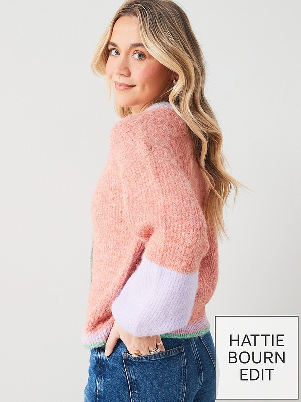 X Hattie Bourn Colour Block Pearl Detail Knitted Cardigan - Multi | Very (UK)