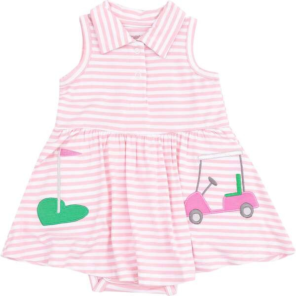 Polo Collar Bodysuit Dress with Applique - Golf Pink Mini Gingham, Pink | Maisonette
