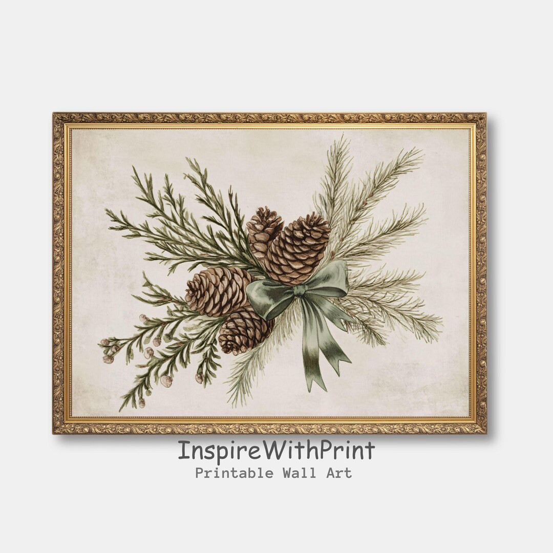 Vintage Christmas Botanical Print, Winter Botanical Branch Painting Farmhouse Christmas Printable... | Etsy (US)