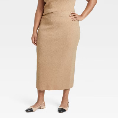 Women's Midi Boucle Sweater Skirt - A New Day™ Tan 1X: Ribbed Pencil Skirt, Elastic Waistband, Back Slit | Target