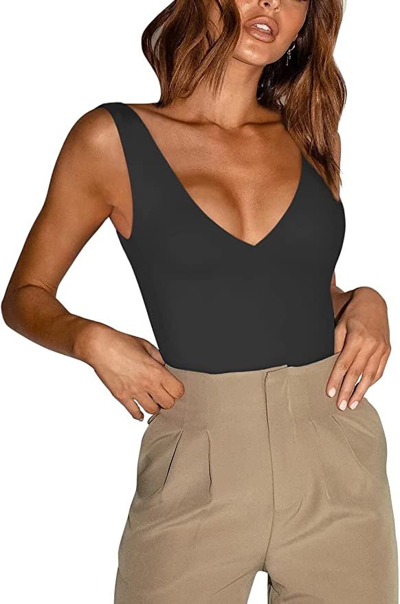 REORIA Women’s Sexy Plunge Deep V Neck Sleeveless V Backless Going Out Tank Bodysuits Tops | Amazon (US)