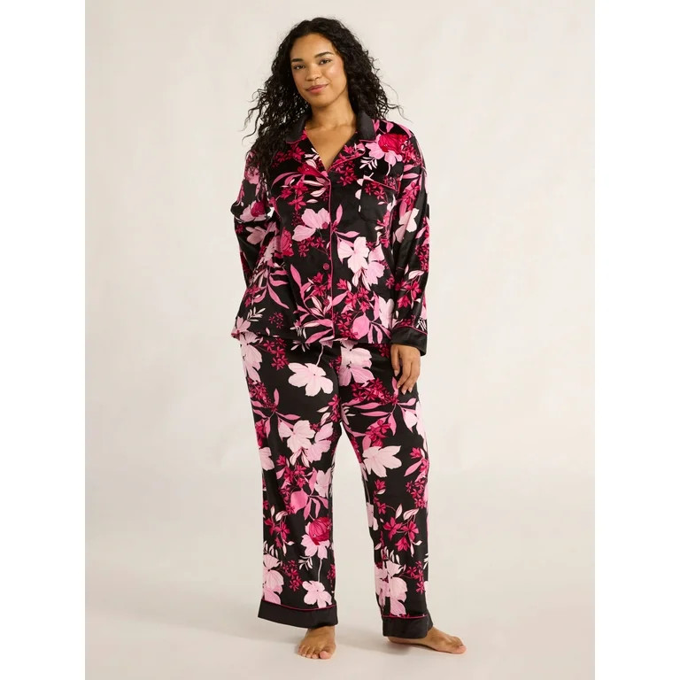 Joyspun Women's Velour Notch Collar Top and Pants Pajama Set, 2-Piece, Sizes S-3X | Walmart (US)
