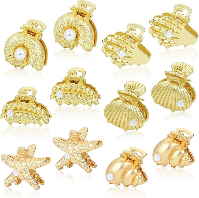 12 Pieces/6 Pairs Gold Metal Small Shell Conch Leaf Hand Starfish Hair Claws Clips Beach Party Ha... | Amazon (US)
