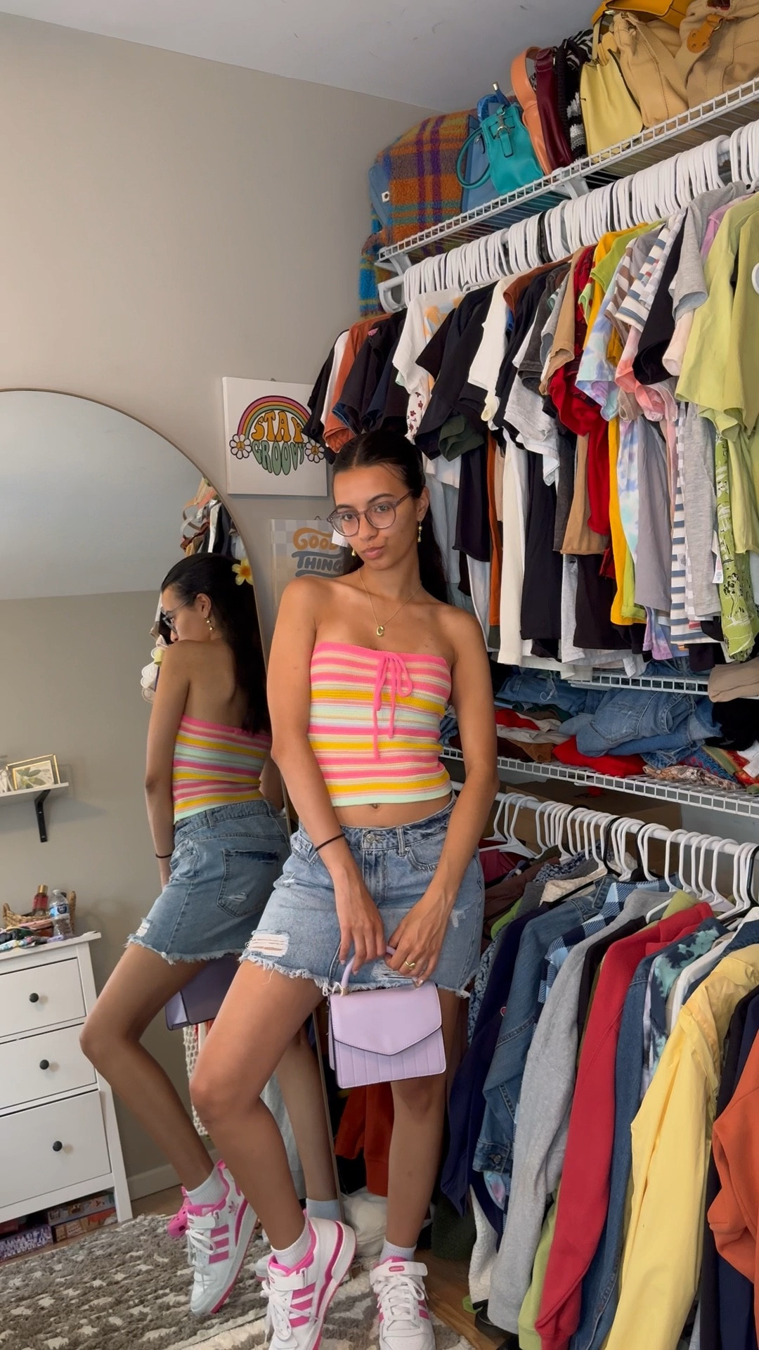 Striped tube top, tube top, colorful tube top, denim skirt, light denim skirt, adidas forums, pink sneakers, purple bag, lavender handbag, gold jewelry, summer outfits, summer fashion, summer inspo, casual summer inspo 

#LTKSummerSales #LTKFindsUnder50 #LTKStyleTip